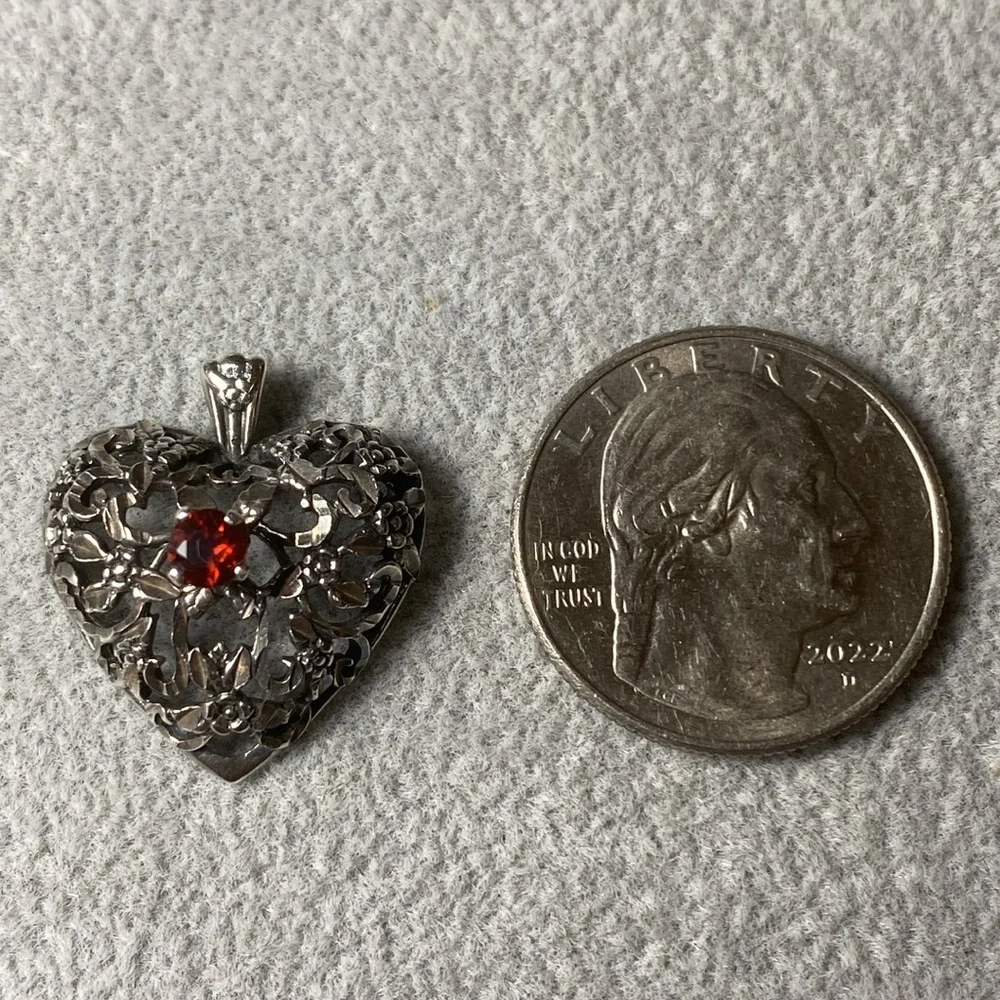 Vintage Sterling Silver & Red Garnet Filigree Heart Pendant Goth Victorian Witch